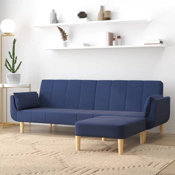 vidaXL Schlafsofa 2-Sitzer mit Hocker & Zwei Kissen Blau Stoff