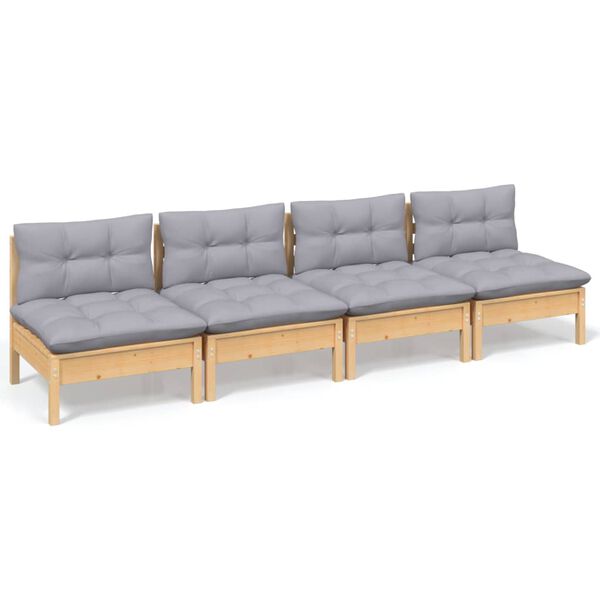 vidaXL 4-Sitzer-Gartensofa mit Grauen Kissen Massivholz Kiefer