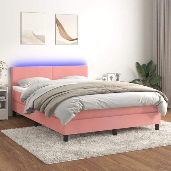 vidaXL Boxspringbett mit Matratze & LED Rosa 140x200 cm Samt