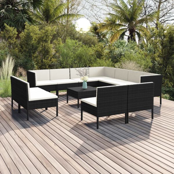 vidaXL 12-tlg. Garten-Lounge-Set mit Auflagen Poly Rattan Schwarz