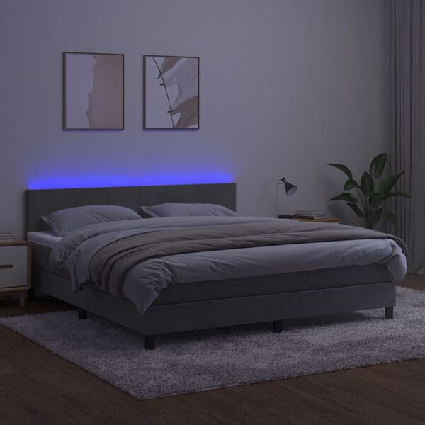 vidaXL Boxspringbett mit Matratze & LED Hellgrau 180x200 cm Samt