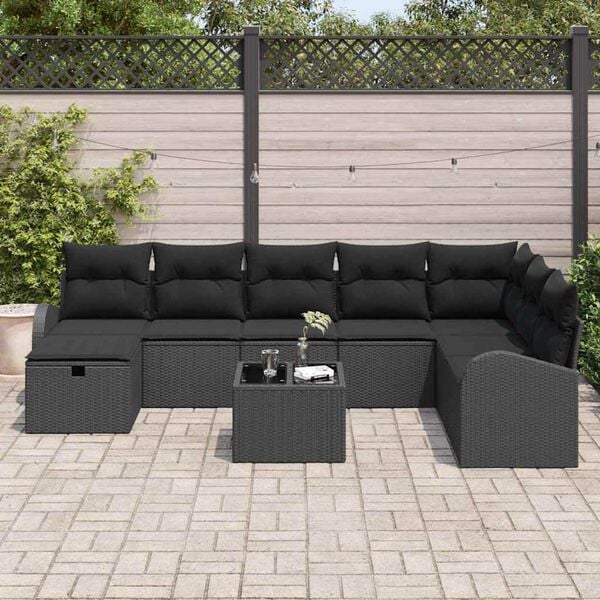 vidaXL Garten-Sofa-Set mit Kissen 9 pcs Schwarz Poly Rattan