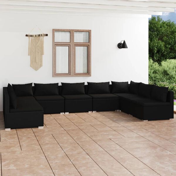 vidaXL 9-tlg. Garten-Lounge-Set mit Kissen Poly Rattan Schwarz