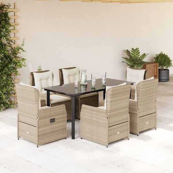 vidaXL 7-tlg. Garten-Essgruppe mit Kissen Beige Poly Rattan