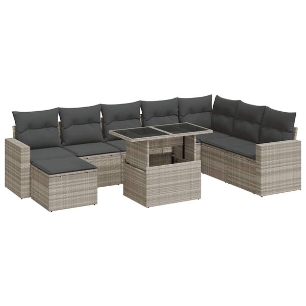 vidaXL 9-tlg. Garten-Sofagarnitur mit Kissen Hellgrau Poly Rattan
