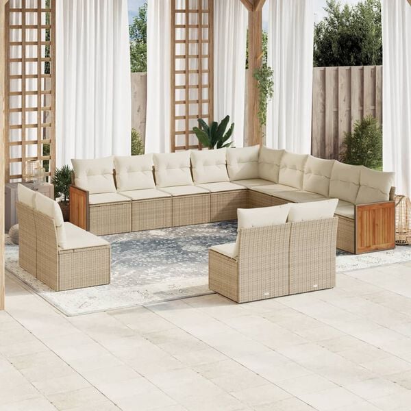 vidaXL 13-tlg. Garten-Sofagarnitur mit Kissen Beige Poly Rattan