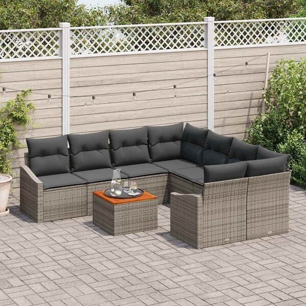 vidaXL Garten-Sofa-Set mit Kissen 9 pcs Grau Poly Rattan