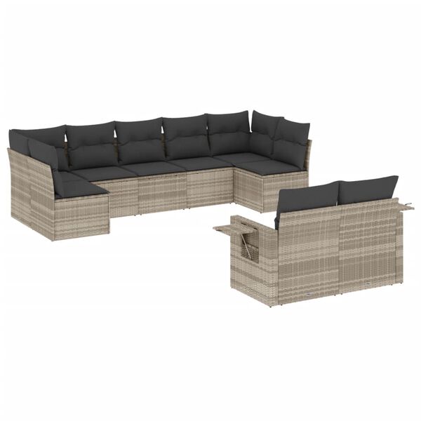 vidaXL 9-tlg. Garten-Sofagarnitur mit Kissen Hellgrau Poly Rattan
