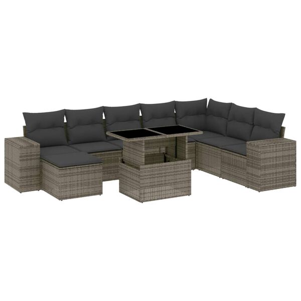 vidaXL 9-tlg. Garten-Sofagarnitur mit Kissen Grau Poly Rattan