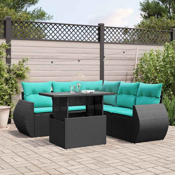vidaXL 6-teiliges Gartensofa-Set mit Kissen, schwarzes Polyrattan