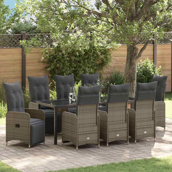 vidaXL Garten Essgruppe mit Kissen 9 pcs Grau Poly-Rattan