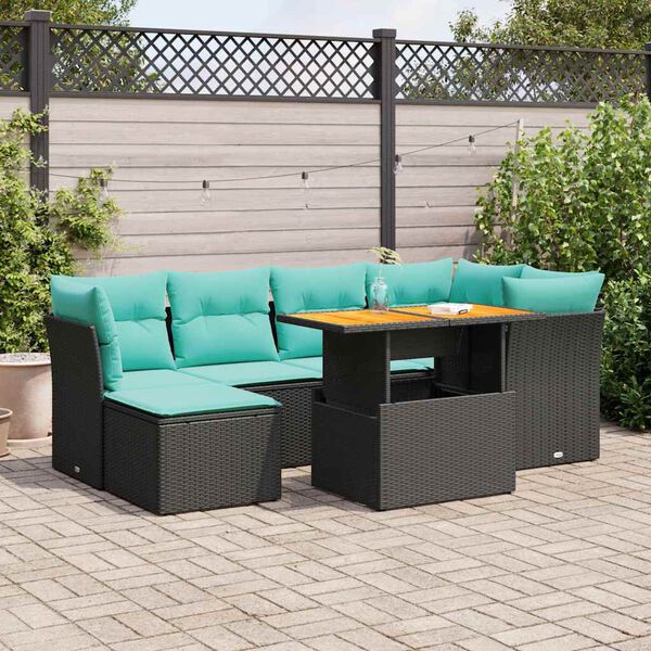 vidaXL 7-tlg. Garten-Sofagarnitur mit Kissen Schwarz Poly Rattan