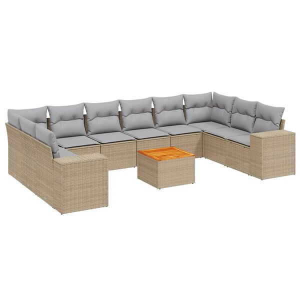 vidaXL 11-tlg. Garten-Sofagarnitur mit Kissen Beige Poly Rattan