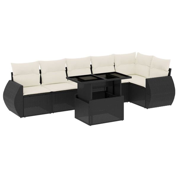 vidaXL 7-tlg. Garten-Sofagarnitur mit Kissen Schwarz Poly Rattan