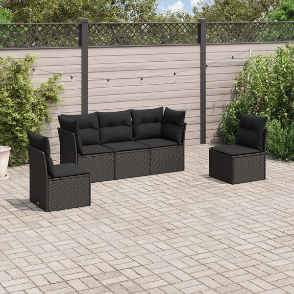 vidaXL 5-tlg. Garten-Sofagarnitur mit Kissen Schwarz Poly Rattan