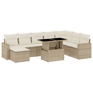 vidaXL 9-tlg. Garten-Sofagarnitur mit Kissen Beige Poly Rattan
