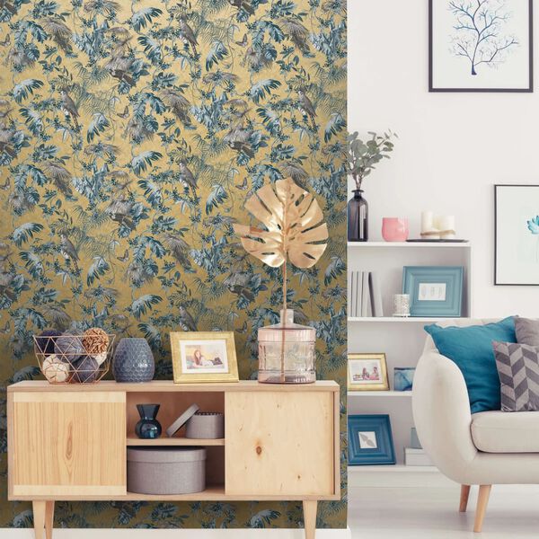 DUTCH WALLCOVERINGS Tapete Blatt- und Vogel-Motiv Blau und Gold