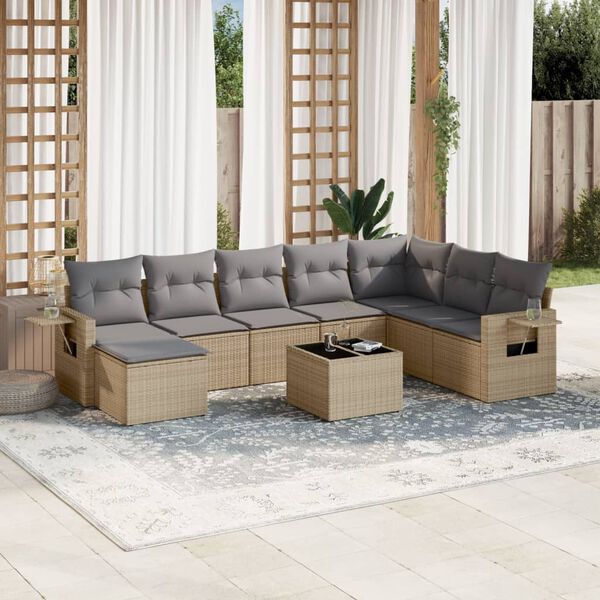 vidaXL 9-tlg. Garten-Sofagarnitur mit Kissen Beige Poly Rattan