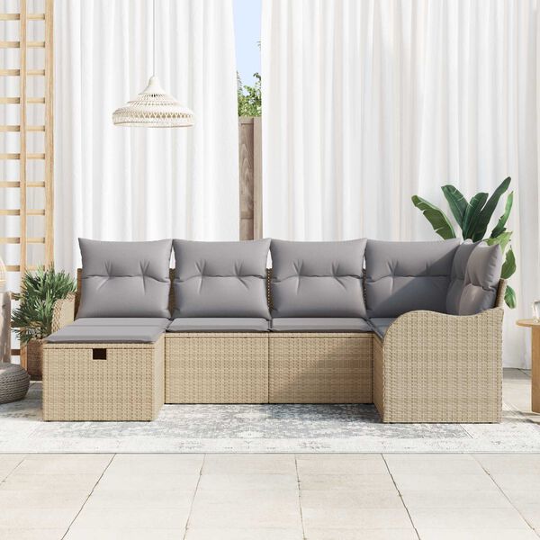 vidaXL Garten-Sofa-Set mit Kissen mit Speicher 6 pcs Beige Poly Rattan