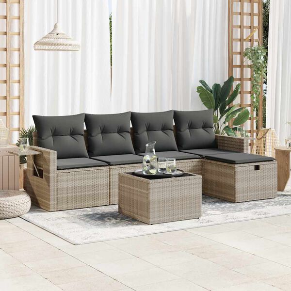 vidaXL 6-tlg. Garten-Sofagarnitur mit Kissen Hellgrau Poly Rattan