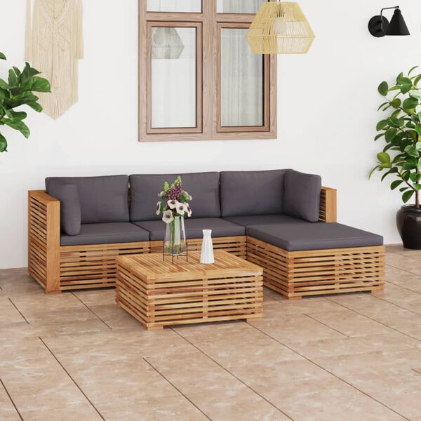vidaXL 5-tlg. Garten-Lounge-Set mit Kissen Dunkelgrau Massivholz Teak