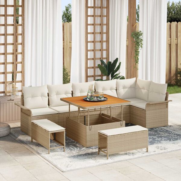 vidaXL Gartensofa-set mit Kissen 9 pcs Beige Poly-Rattan
