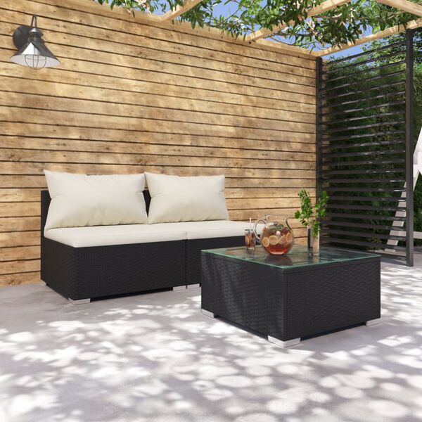 vidaXL 3-tlg. Garten-Lounge-Set mit Kissen Poly Rattan Schwarz