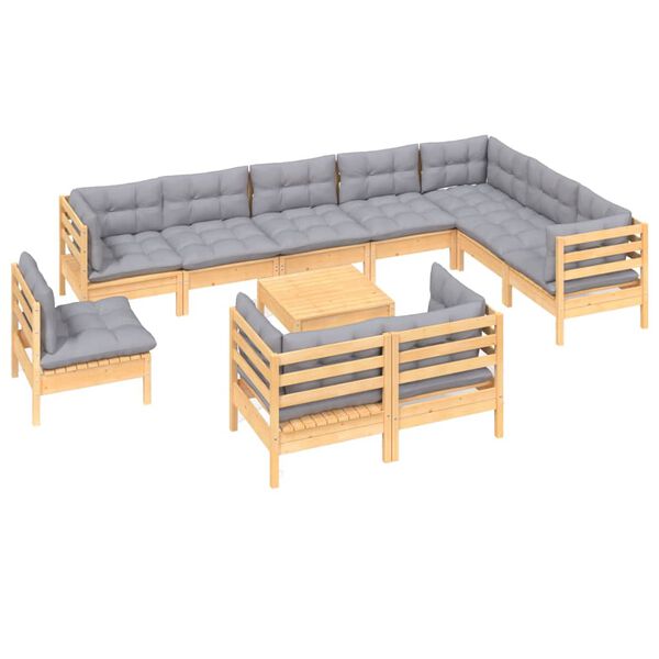vidaXL 11-tlg. Garten-Lounge-Set mit Grauen Kissen Kiefer Massivholz