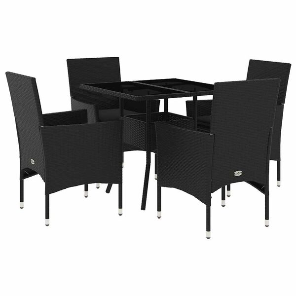 vidaXL 5-tlg. Garten-Essgruppe mit Kissen Schwarz Poly Rattan und Glas