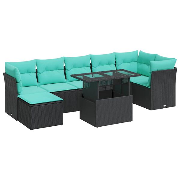 vidaXL 8-tlg. Garten-Sofagarnitur mit Kissen Schwarz Poly Rattan