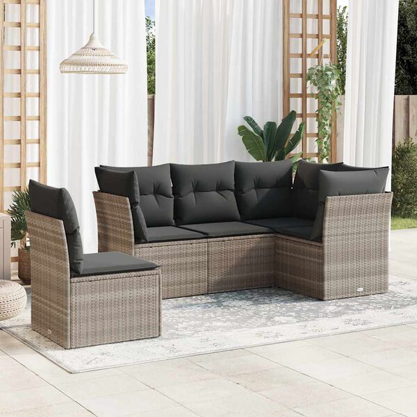 vidaXL 5-tlg. Garten-Sofagarnitur mit Kissen Hellgrau Poly Rattan