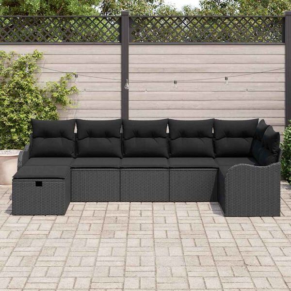 vidaXL Garten-Sofa-Set mit Kissen 7 pcs Schwarz Poly Rattan