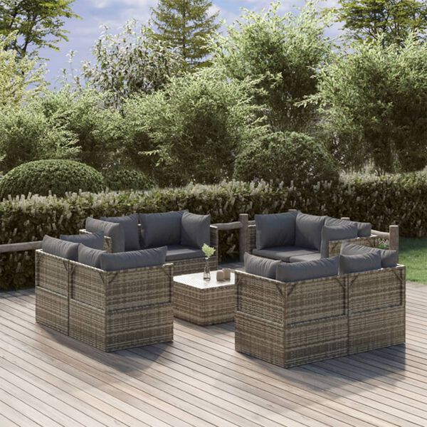 vidaXL 9-tlg. Garten-Lounge-Set mit Kissen Grau Poly Rattan