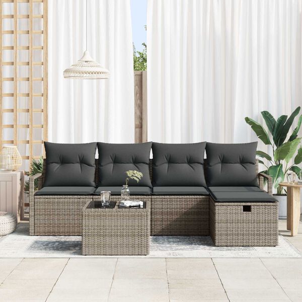 vidaXL Garten-Sofa-Set mit Kissen mit Speicher 6 pcs Grau Poly Rattan