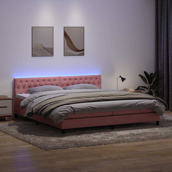 vidaXL Boxspringbett mit Matratze & LED Rosa 180x210 cm Samt