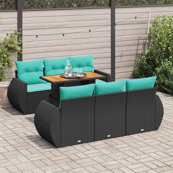 vidaXL 7-tlg. Garten-Sofagarnitur mit Kissen Schwarz Poly Rattan