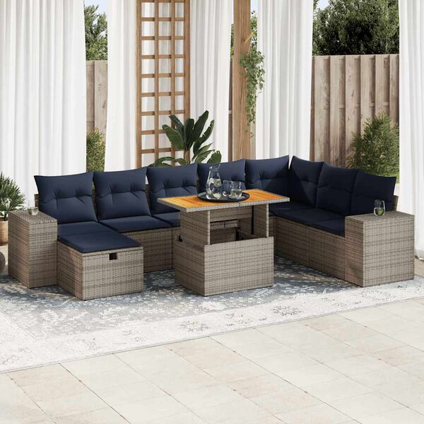 vidaXL 9-tlg. Garten-Sofagarnitur mit Kissen Grau Poly Rattan Akazie