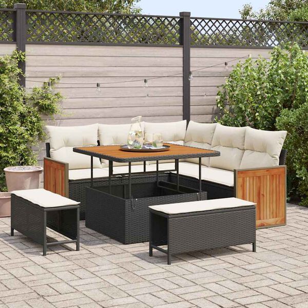 vidaXL Gartensofa-set mit Kissen 9 pcs Schwarz und Creme Poly-Rattan