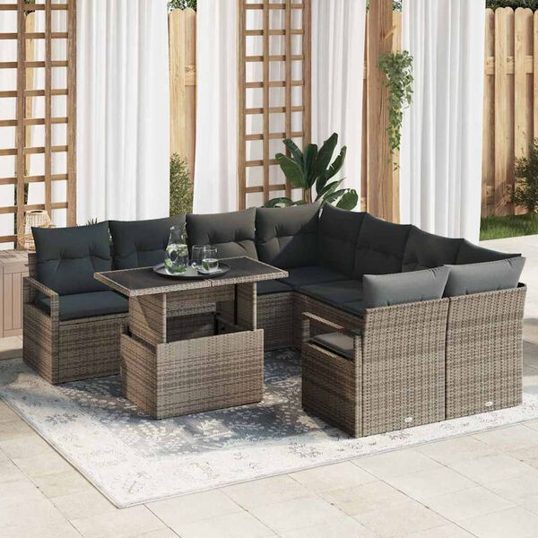 vidaXL Gartensofa-set mit Speicher mit Kissen 9 pcs Grau Poly-Rattan