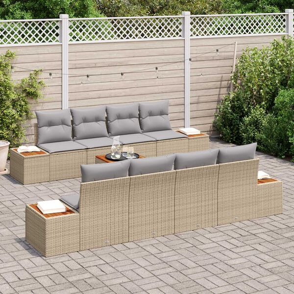 vidaXL Garten-Sofa-Set mit Kissen mit Speicher 9 pcs Beige Poly Rattan