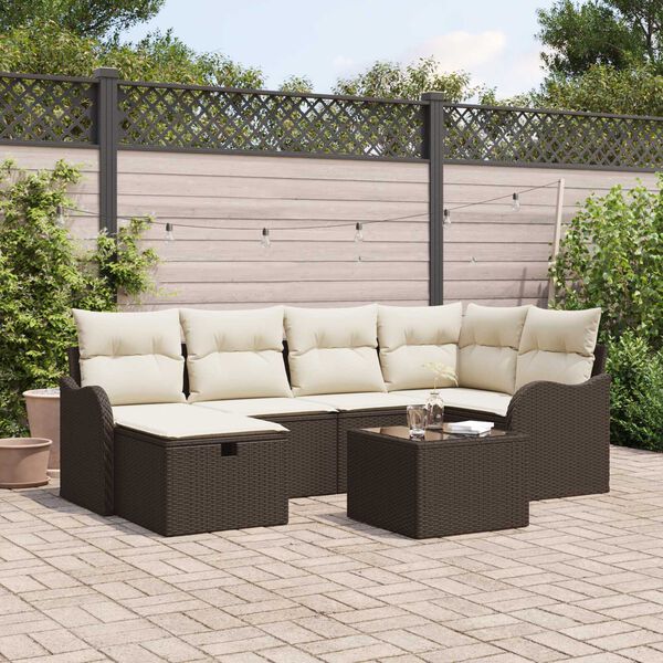 vidaXL Garten-Sofa-Set mit Kissen 7 pcs Braun und Creme Poly Rattan