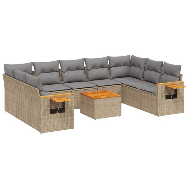 vidaXL 10-tlg. Garten-Sofagarnitur mit Kissen Beige Poly Rattan