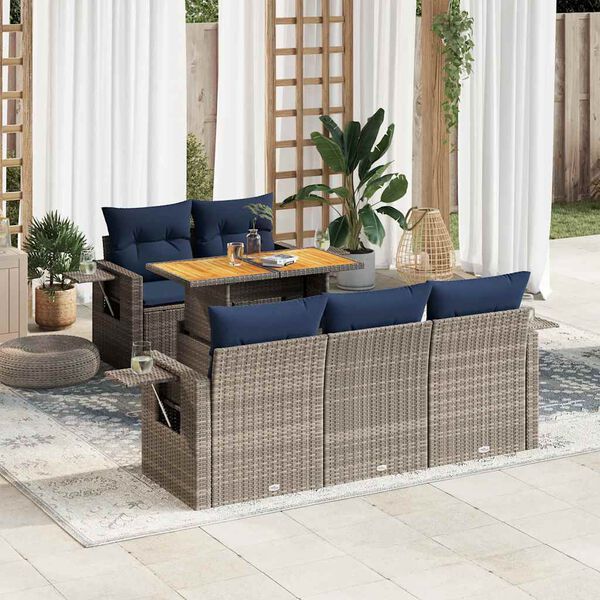 vidaXL 6-tlg. Garten-Sofagarnitur mit Kissen Grau Poly Rattan