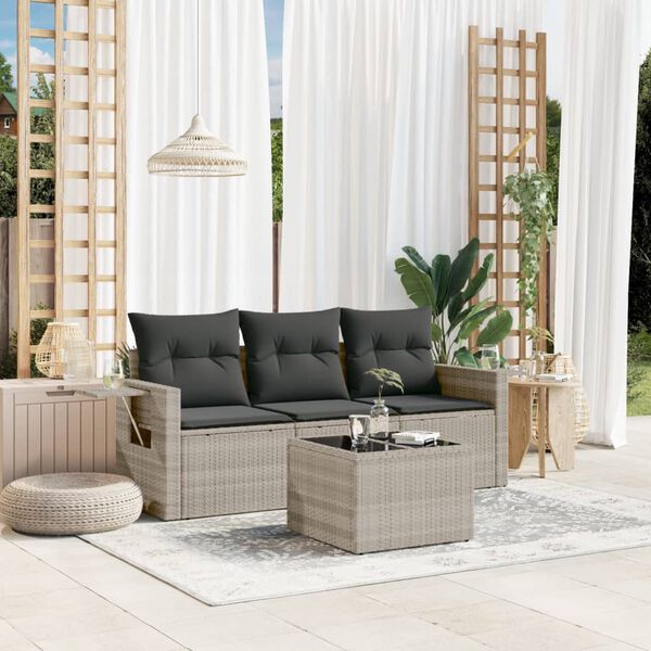 vidaXL 4-tlg. Garten-Sofagarnitur mit Kissen Hellgrau Poly Rattan