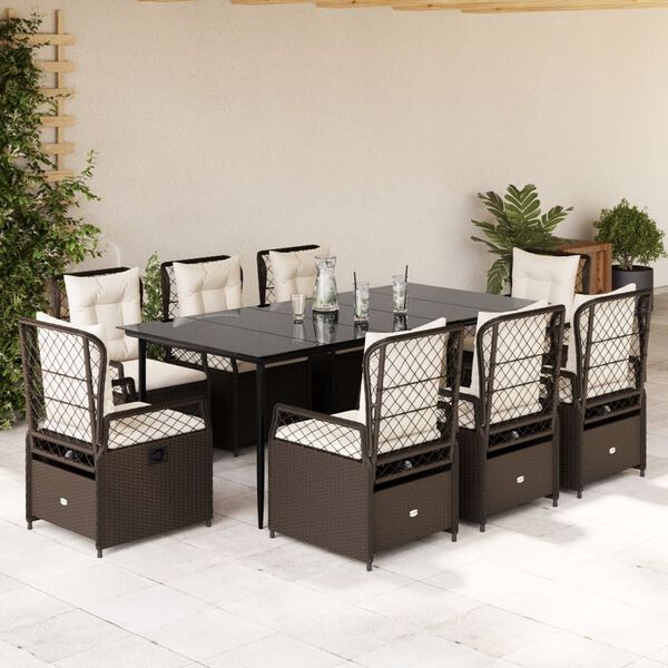 vidaXL 9-tlg. Garten-Essgruppe mit Kissen Braun Poly Rattan