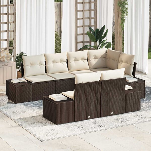 vidaXL Gartensofa-set mit Speicher 7 pcs Braun und Creme Poly-Rattan