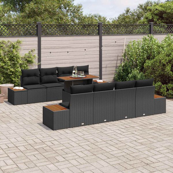vidaXL Garten-Sofa-Set mit Speicher 9 pcs Schwarz Poly Rattan