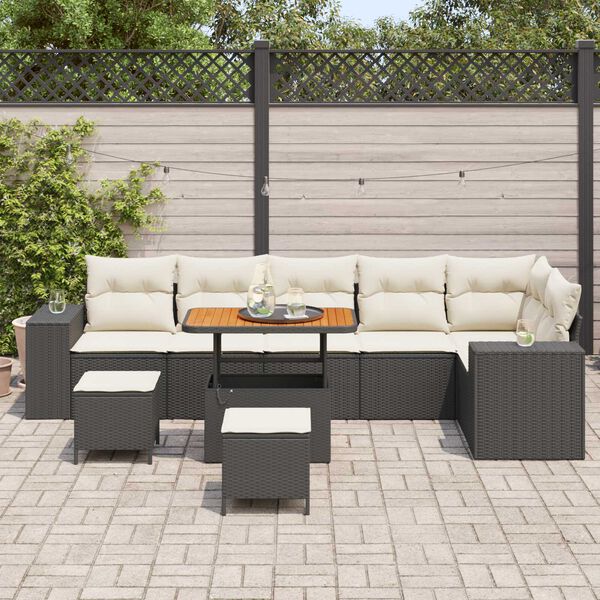 vidaXL Garten-Sofa-Set mit Kissen mit Speicher 9 pcs Schwarz und Creme