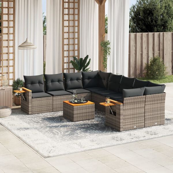vidaXL 9-tlg. Garten-Sofagarnitur mit Kissen Grau Poly Rattan