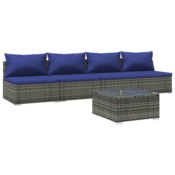 vidaXL 5-tlg. Garten-Lounge-Set mit Kissen Poly Rattan Grau